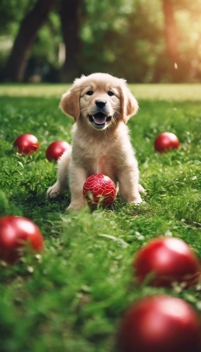 A golden retriever puppy chewing a red ball in a lush green park. Tapeta[7b01869ab6964e46bb7e]