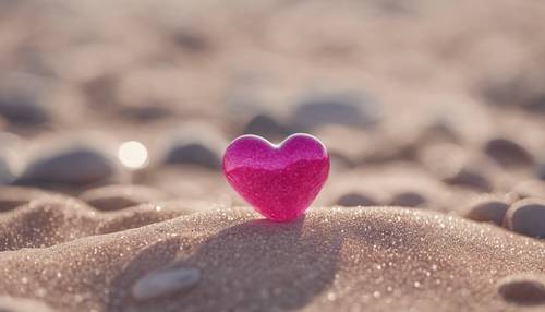 A dark pink heart-shaped pebble lying on sparkly beach sand.