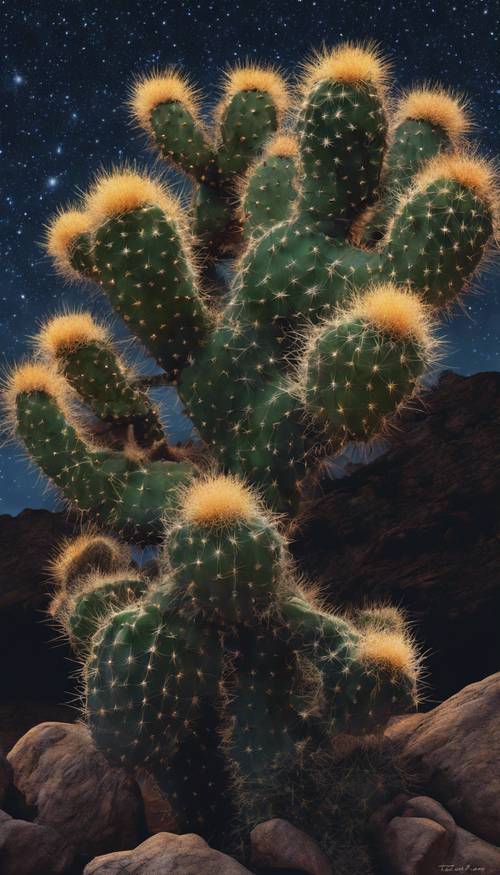 A painting of a Cholla cactus against a dark, starry night sky.