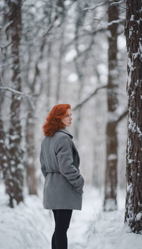 A red-headed woman in a gray wool jacket walking through a snow-covered forest.