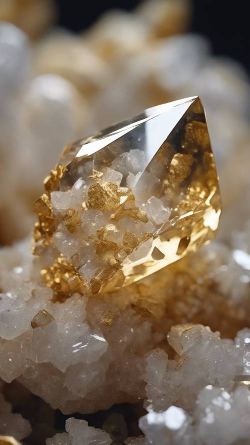 Madenci tavasındaki berrak kristal kuvarsın arasında küçük bir altın külçesi.