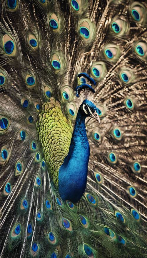 Seekor burung merak memamerkan ekornya yang indah, ditonjolkan dengan pola rumit berwarna hitam dan biru.