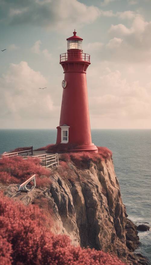 Ein pastellroter Leuchtturm auf einer Klippe mit Blick auf das Meer.