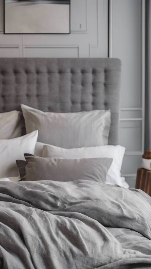 غرفة نوم ذات أجواء هادئة، تتميز بملاءة سرير ناعمة من الكتان الرمادي ووسائد متناسقة.