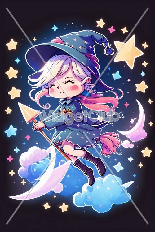 Magical Night Sky with Cute Witch Riding a Moon