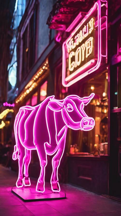 A pink cow-shaped neon sign illuminating a trendy bar.