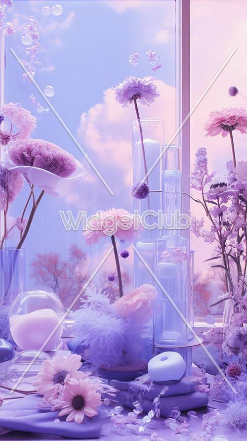 Beautiful Purple and Pink Flowers in a Dreamy Science Lab Setting