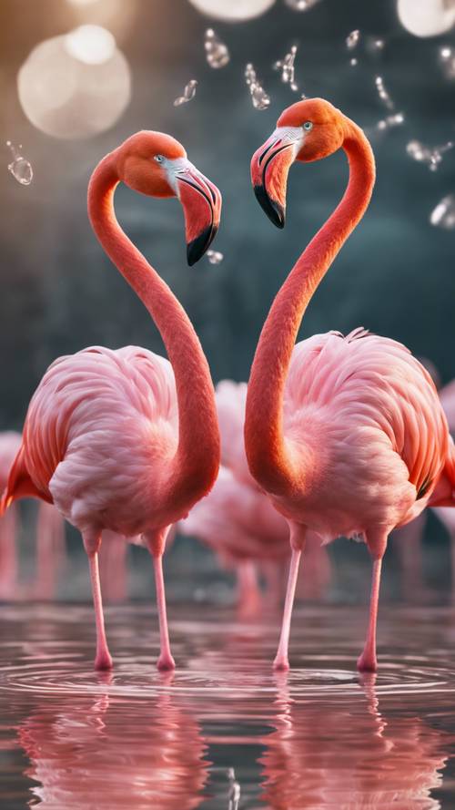Eine Collage aus rosa Flamingos, die im kristallklaren Wasser stehen.
