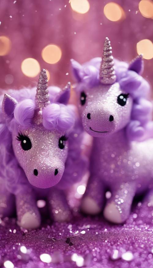 Um par de brinquedos de pelúcia de unicórnio lilás aninhados em meio a purpurina.