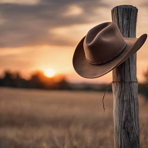 Một chiếc mũ cao bồi da lộn màu be đậm trên cột hàng rào với nền là cảnh hoàng hôn ở vùng quê.
