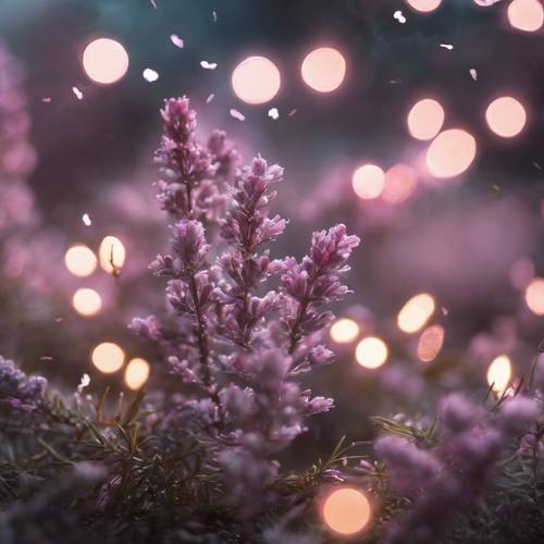 Karya seni fantasi yang menampilkan bunga heather hutan abu-abu yang bermekaran di bawah cahaya lampu alam gaib berwarna merah muda lembut.