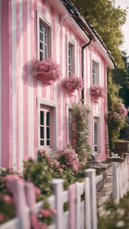 风景如画的童话村庄里的一栋粉色和白色条纹房子。