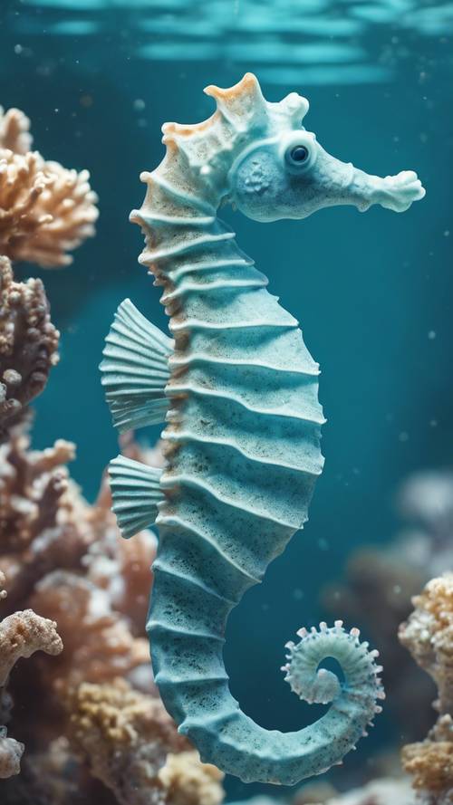 Un caballito de mar azul pastel flotando con gracia entre arrecifes de coral.