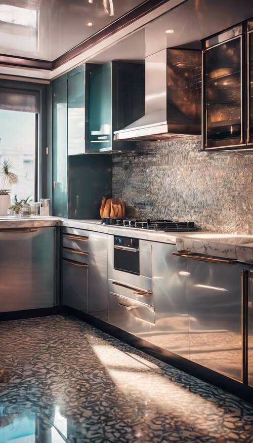 A sleek and sophisticated modern Art Deco kitchen with vibrant colors and chrome details. Tapéta [770ec6087059429e98f2]