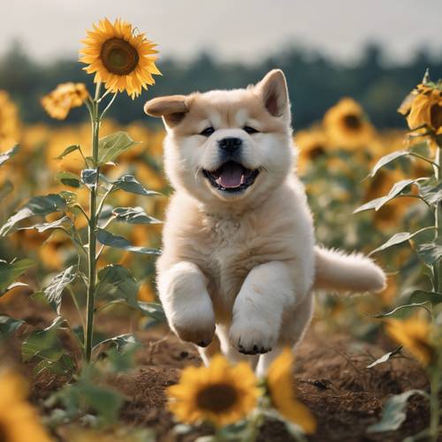 Một chú chó Akita đang đuổi theo một con bướm trên cánh đồng hoa hướng dương.