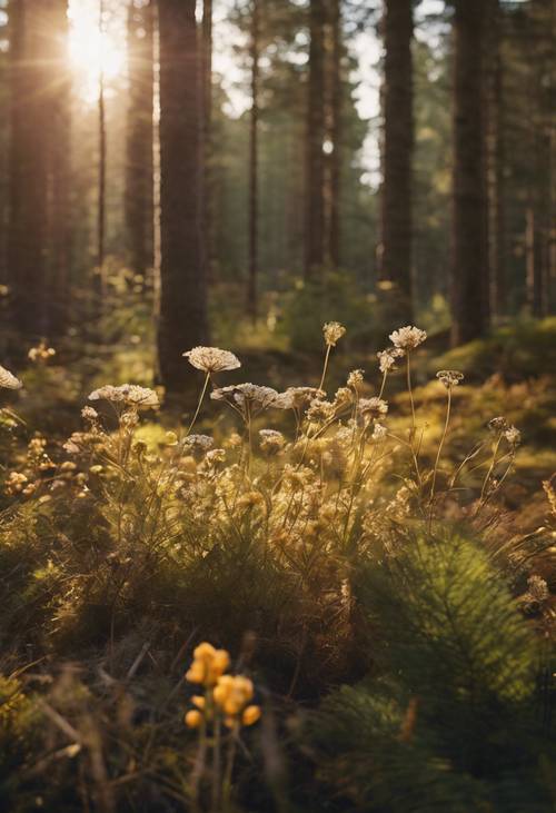 다양한 토착 꽃을 보여주는 스칸디나비아 숲의 황금 시간 장면.