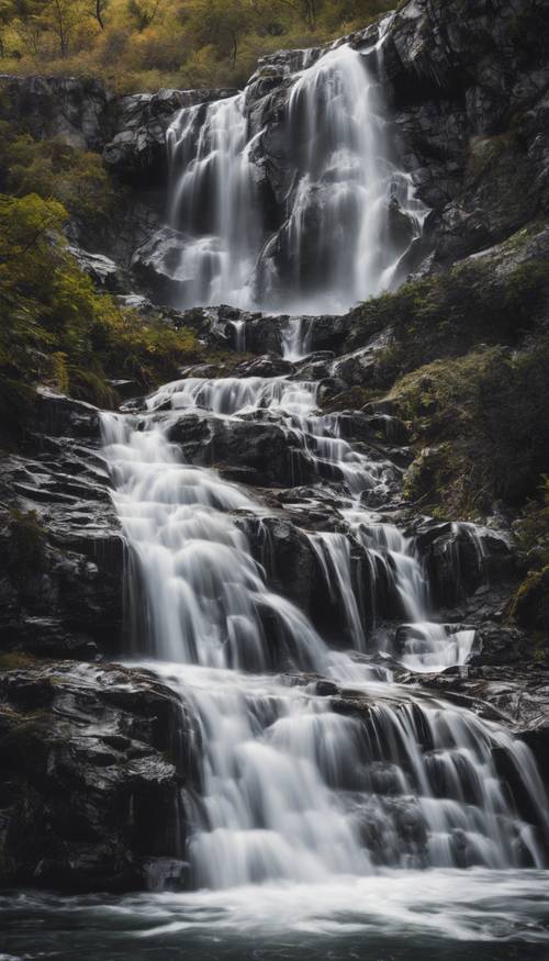 Uma cachoeira de mármore preto e prateado caindo em cascata por uma montanha.