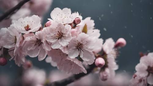 Soft pale pink cherry blossoms contrasted against a dark and moody sky