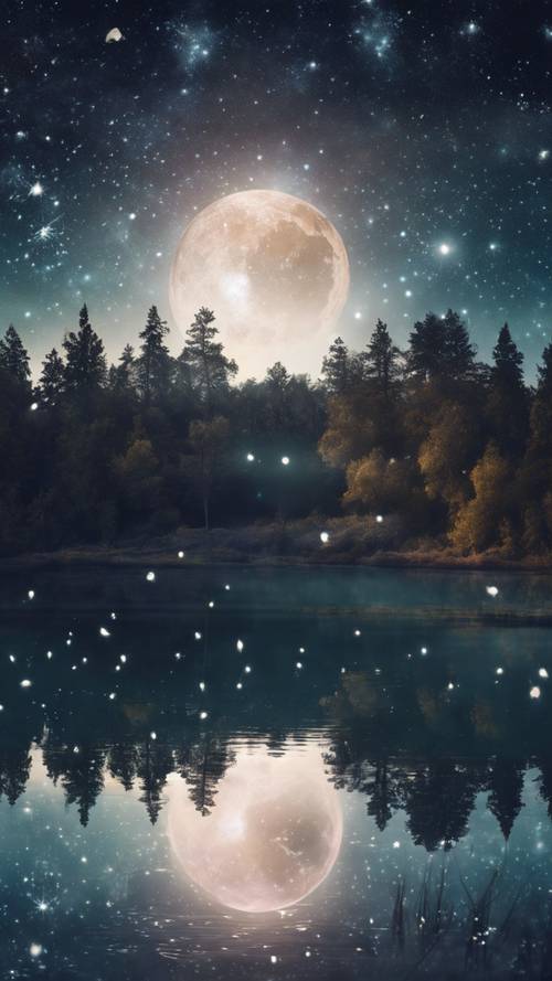 سماء ليلية غامضة فوق بحيرة هادئة، مليئة بالأبراج المتلألئة والقمر السحري الشفاف.
