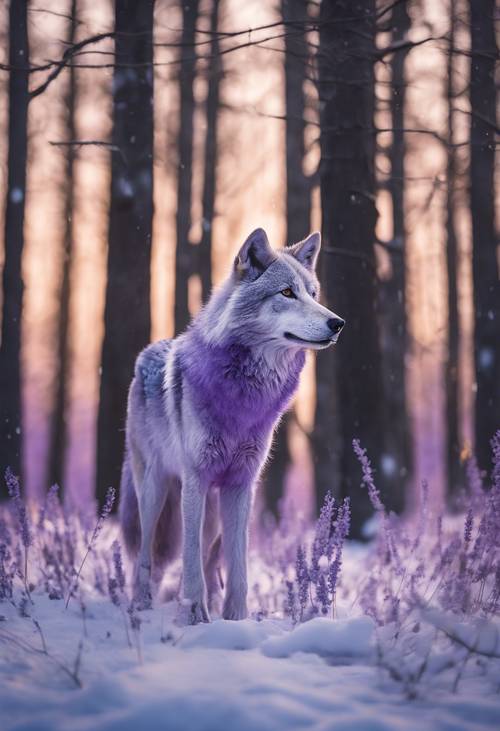Um majestoso lobo lavanda sozinho em uma floresta nevada ao entardecer.