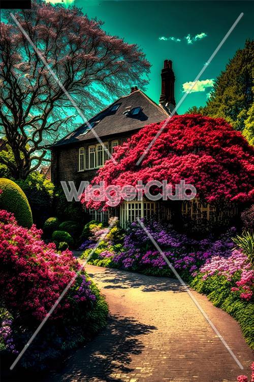 Colorido jardín alrededor de una casa con encanto