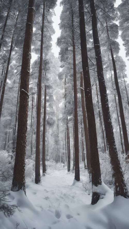 Una fitta foresta invernale con alti pini coperti di neve.