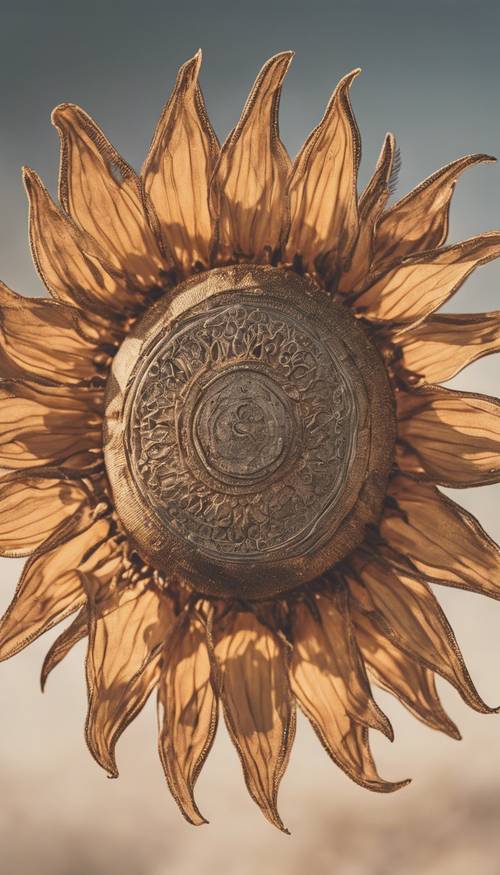 In a minimal, clean background, a sun with a rustic and detailed boho design.