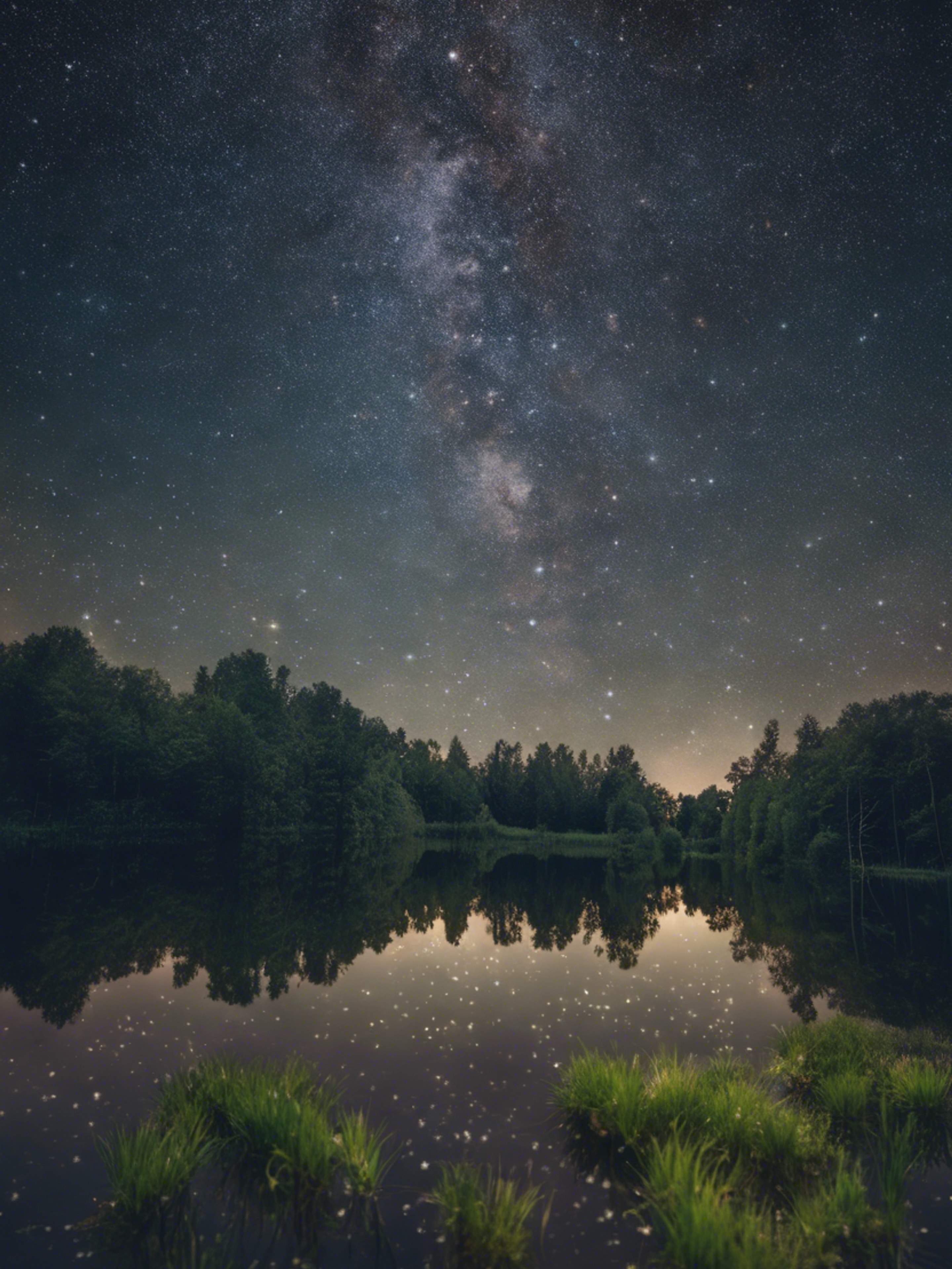 A starry summer night over the pristine waters of a pond located deep in a French country forest. Валлпапер[c6d93c2a737c4012904e]