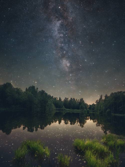 Eine sternenklare Sommernacht über dem unberührten Wasser eines Teichs tief in einem französischen Wald.