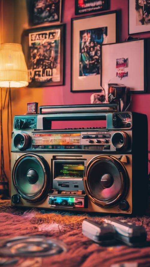 A 90s-themed bedroom with colorful posters, a Nintendo console, and a boom box.