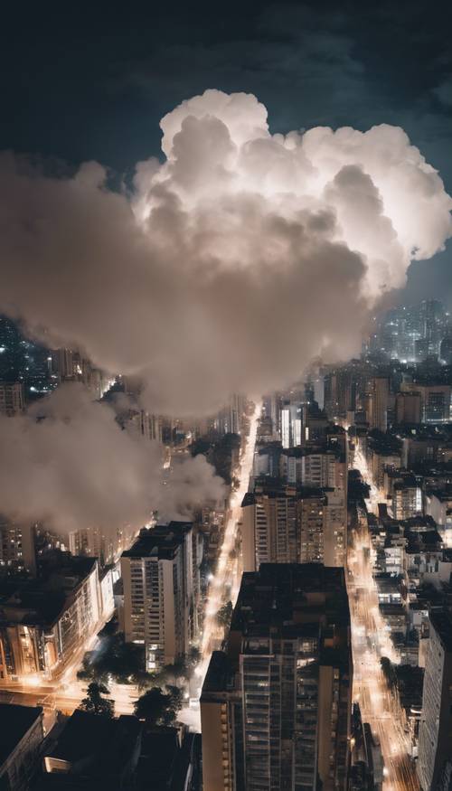ภาพทิวทัศน์ของเมืองในเวลากลางคืน โดยมีควันสีขาวก่อตัวเป็นเมฆเหนืออาคารสูง
