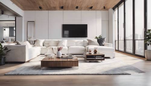 An open-concept, modern living room with white furniture and light hardwood floors.