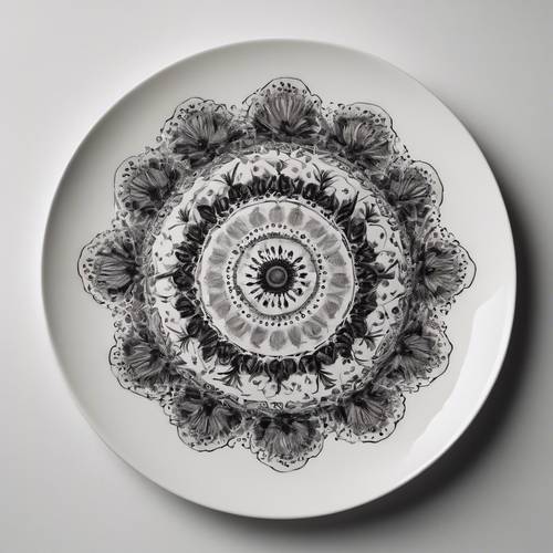 Symetryczny czarny wzór artystyczny na białym porcelanowym talerzu. Tapeta [81174db6e3734a52a0fa]