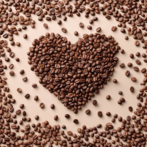 Um coração formado por grãos de café marrons entrelaçados em um fundo claro.