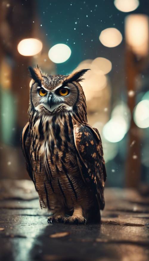 An owl looking cool, wearing a leather jacket at nighttime