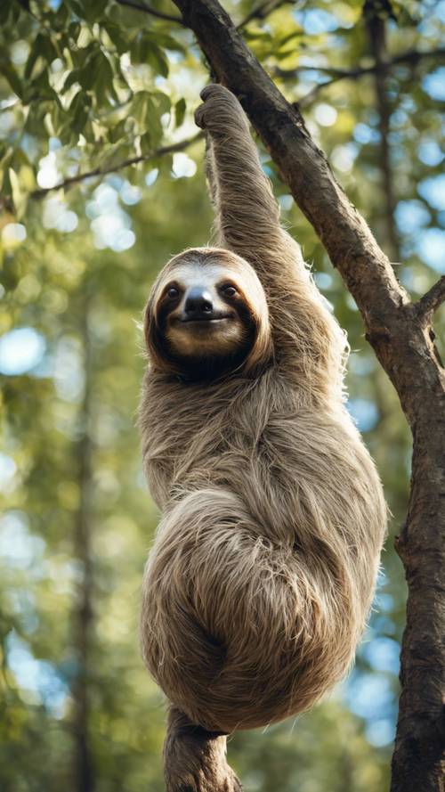 Un bradipo immortalato sullo sfondo del cielo azzurro della foresta.