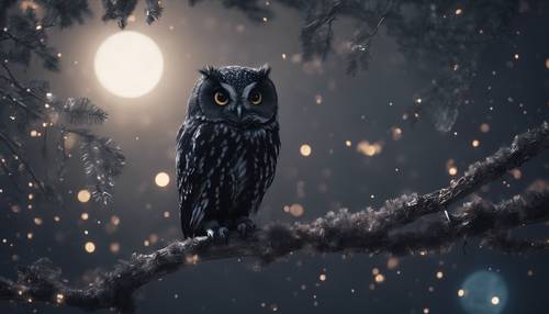 Un adorable hibou noir kawaii perché sur une branche au clair de lune.