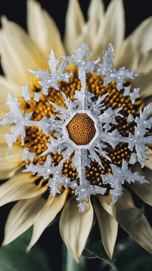 Eine wunderschöne Schneeflocke auf einer Sonnenblume.