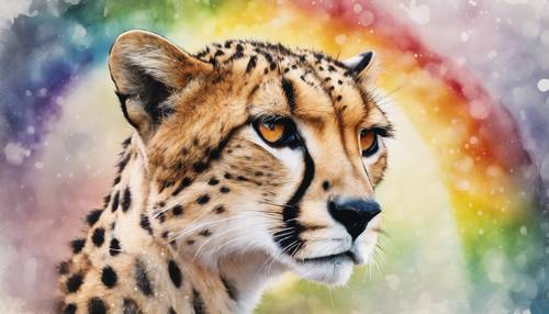 Акварельная картина с изображением гепарда с радужными оттенками.