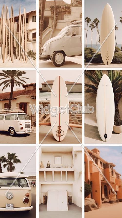 Vibraciones de Sunny Beach con tablas de surf y camioneta vintage