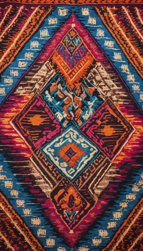 A multi-colored Mexican rug, its weave dense with geometric patterns