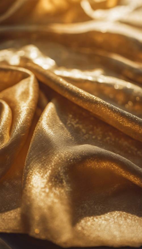 Um pedaço de tecido de seda dourada brilhando ao sol da manhã.