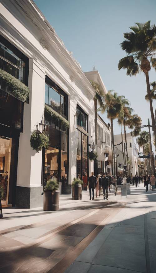 Upscale shops lining Rodeo Drive in Beverly Hills, Los Angeles during the holiday season.