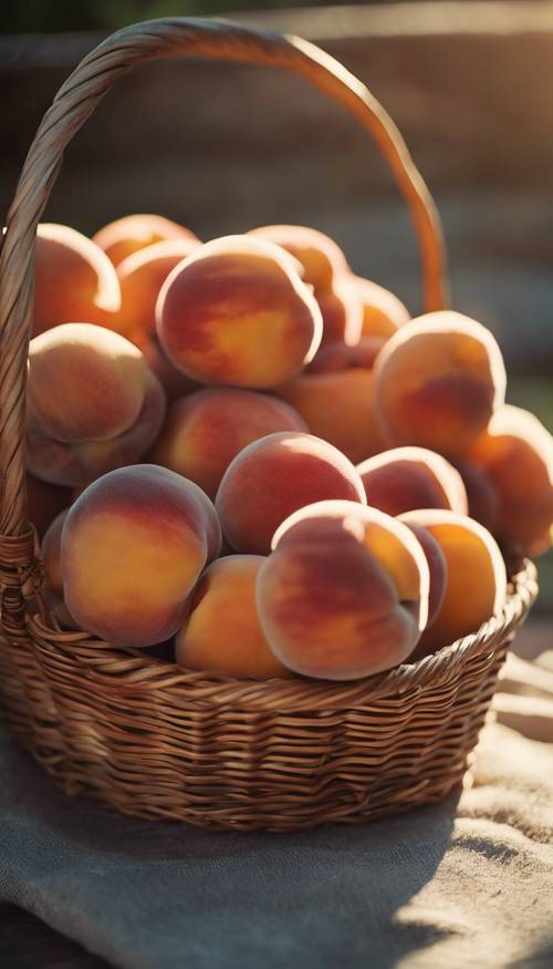 柳条篮里放着一群桃子，早晨的阳光照射进来。