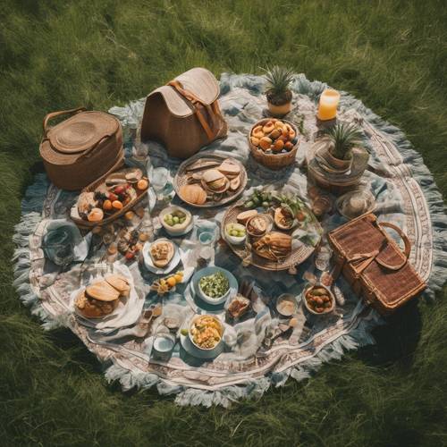 Aerial view of Boho inspired picnic setup in the middle of a green field. Tapet [98585bb973e14bd6889e]