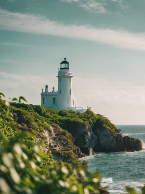 A white lighthouse standing tall on a hill by the sea, adorned with emerald green vines.