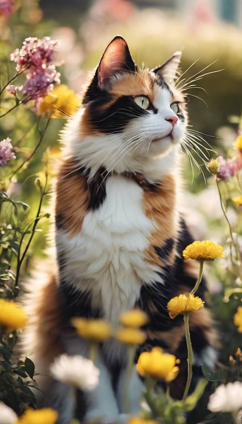 A playful calico cat in a sunny garden, surrounded by blooming flowers. Divar kağızı [08ceb0a4a8e447b6a1f2]