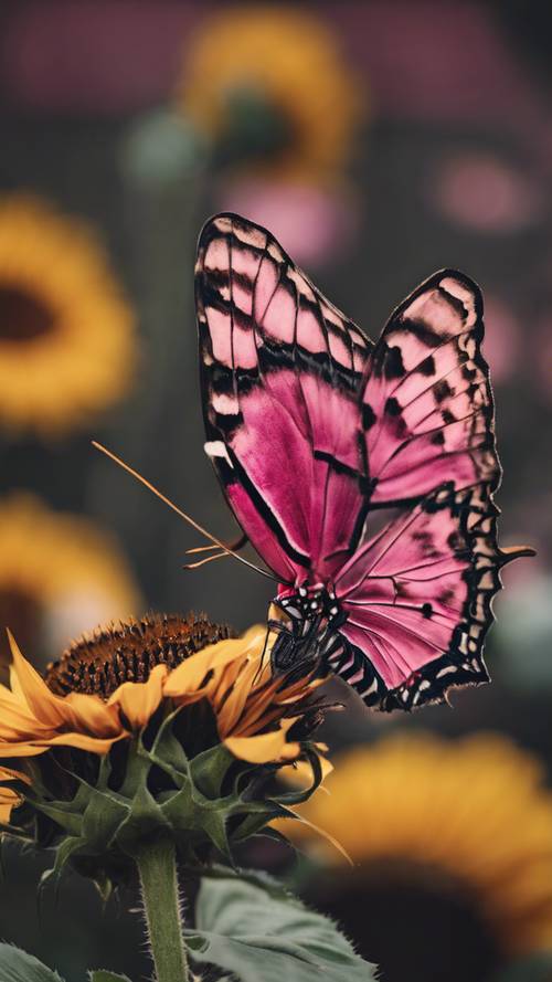 Un par de delicadas alas de mariposa que se extienden en un tono rosa oscuro y descansan sobre un girasol.