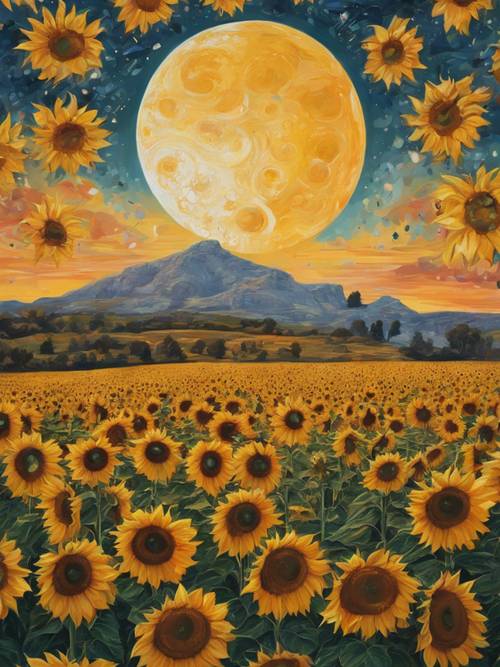 A classic painting of sunflowers with faces that follow the transition of the sun to the moon.