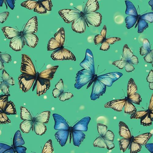 A seamless pattern of stunning butterflies in various sizes and shades of blue, against a soft, spring-time green background. Tapeet [8ebf5d5fa0f14da79a17]